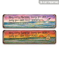 Plaque murale longue en métal avec citations inspirantes sur l'aube et le coucher du soleil en aquarelle, symboles d'espoir et de paix, pour la décoration de maison de plage