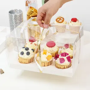 Recipiente de papel transparente para cupcake, vários tamanhos, recipiente para cupcake, caixa transparente de bolo em massa, caixa de cupcakes 4/6/12 furos