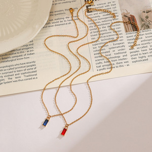 สร้อยคอสแตนเลสสตีล18K ชุบทองจี้พลอยสีแดงสีน้ำเงินเครื่องประดับสตรีโซ่ชั้นดี YN3สำหรับสวมใส่ทุกวัน - Product Image 3