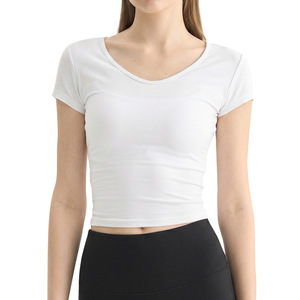 Haut de yoga à manches courtes à séchage rapide pour sports d'été, col rond, coupe ajustée, respirant, pour l'entraînement, la course, le fitness, les activités de plein air, blanc pour femme - Product Image 5