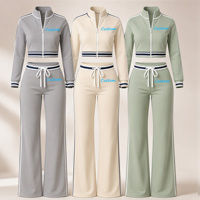 Ensemble de survêtement 2 pièces Y2K pour femme avec logo personnalisé, veste courte zippée à col montant et rayures contrastées, pantalon évasé, tenue streetwear d'automne