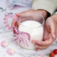 Mug en verre 3D rose/vert avec grand anse en boucle, résistant à la chaleur, en borosilicate, pour latte, lait, jus, idéal pour les filles, café, boisson, cadeau