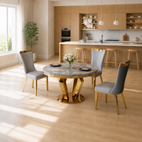 Ensemble de table et de chaises de salle à manger rondes en marbre de luxe moderne, disponible avec base en métal et chaises rembourrées.