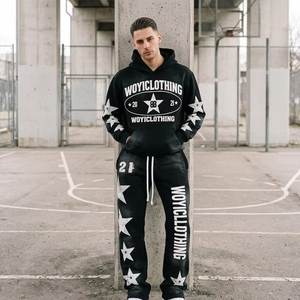 Wholesale Custom Solid Acid Wash Breathable Sweatsuits Men Distressed Embroidery Hoodie Sweatpants <b>Sets</b> Screen Printing - Product Image 1