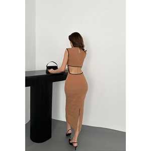 Vestidos Casuales Maxi al por Mayor, Ribete Marrón, Silueta Ajustada, Línea A, Invierno Verano, Tela de Lana y Viscosa, Cintura Natural, Simple - Product Image 2