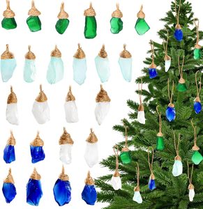 24Pcs Handmade Christmas Sea Glass Block Ornament Pendant, Sea Glass Crafts Coastal Decorative,