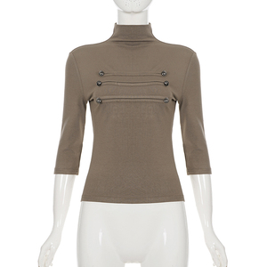 Street American <b>Patchwork</b> Button Mock Neck T Shirt Casual Hot Girl Mid Length Sleeve <b>Top</b> - Product Image 6