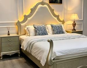 Premium Queen Size Champagne Finish <b>Bed</b> With Cream Upholstered Ornate Carved Cabriole Leg For French Rococo Bedroom - Product Image 5