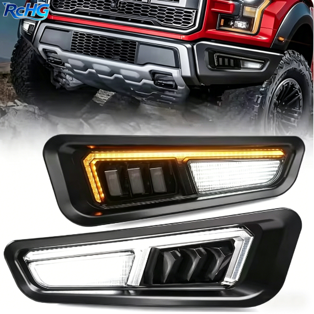 Car External Light LED Smoke Black Lens Daytime Running Light Sequential Turn Signal Fog Light Ford-F150 Raptor 2017-2020 IP67