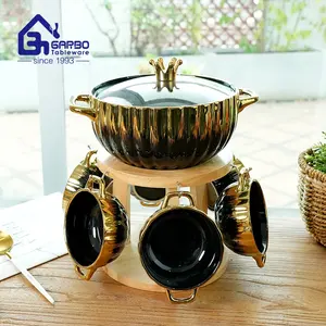 Nồi súp gốm có nắp thủy tinh 6 bát súp nhỏ có tay cầm Bộ đồ ăn tại nhà phục vụ nồi súp vàng đen và Bộ bát - Product Image 1