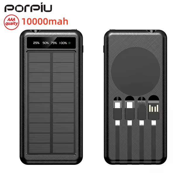 New High Capacity Solar Power Banks Self-Belt Line 10000mA Power Bank Wireless Charging Portable Waterproof Outdoor Power Bank