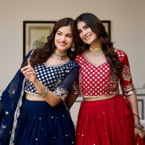Conjunto de Lehenga Choli bordado en azul marino y rojo, estilo tradicional indio-pakistaní para mujer, largo hasta el suelo, para bodas. - Product Image 2