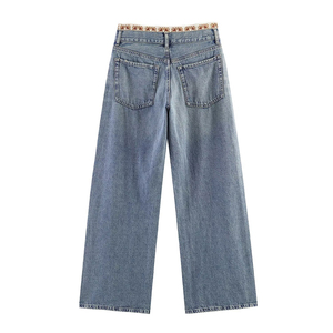 PB&ZA Calça Jeans Feminina 2026 Nova Coleção Verão Outono, Cintura Média, Corte Reto, com Crochê e Patchwork, Estilo Chique - Product Image 2