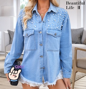 <span class=keywords><strong>Camicia</strong></span> in Denim lavato <span class=keywords><strong>oversize</strong></span> Casual con orlo sfilacciato con perline nuove da <span class=keywords><strong>donna</strong></span> - Product Image 6