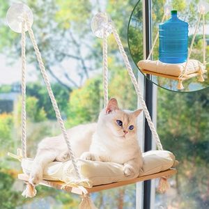 Lit pour chat de luxe en bois massif à motif, écologique, moderne, rembourré en coton blanc, avec balançoire à ventouse pour toutes les saisons - Product Image 2