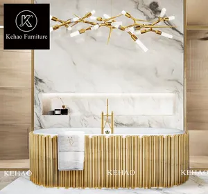 豪华实心表面椭圆形浴缸，带水龙头金色不锈钢圆柱形浴缸独立式白色亚克力浴缸
