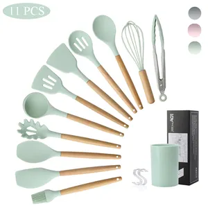 Utensílios de cozinha de silicone, conjunto de utensílios de cozinha personalizado com 11 peças, acessórios e alça de madeira, utensílios de cozinha