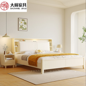 Dazhang Jiaju Cream <b>White</b> Solid Wood <b>Bed</b> 1.5m <b>Storage</b> Lighted Headboard Modern Bedroom Furniture - Product Image 1