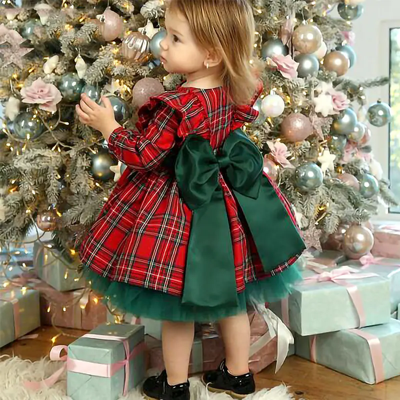 Baby 6M-6Y Christmas Dress for Girls Toddler Kid Child Red Plaid Bow Dresses for Girl Xmas Party Princess Costumes