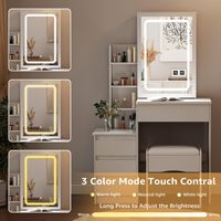 Coiffeuse moderne en MDF écologique avec miroir, tabouret, éclairage LED à luminosité réglable, 6 étagères dissimulées et 4 compartiments de rangement pour maquillage