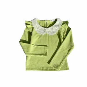 Ivy83699A 새로운 디자인 여아 상의 2024 봄 면 솔리드 긴 소매 티셔츠 아기 인형 칼라 달콤한 프릴 언더 셔츠