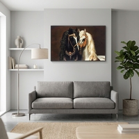 Peinture Murale de Luxe Chevaux Jumeaux Noirs et Blancs Incrustés de Strass en Cristal, Portrait Animalier, Décoration Murale pour Maison et Hôtel