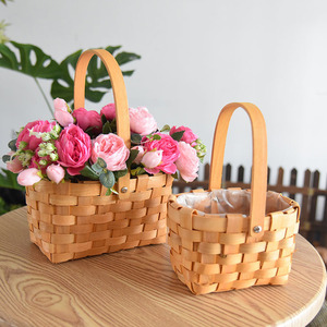 Wooden hand-held flower <b>basket</b>, pastoral flower arrangement <b>basket</b>, straw and rattan woven decoration, <b>bamboo</b> woven ornament, - Product Image 1