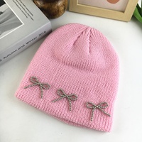 Bonnet tricoté unisexe automne-hiver, style coréen, mignon et doux avec nœud, protection auditive chaude, tendance, décontracté pour l'extérieur, broderie 3D, 100%