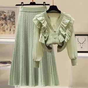 Autumn two-piece set women's suit green ruffled collar knitted cardigan high waist dress French style two-pieces set for women