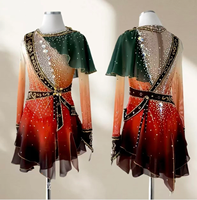 Robe de patinage artistique dégradé rouge-vert avec strass, manches longues, pour enfants et adultes, tenue de performance pour compétition sur glace