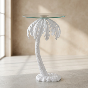 Table d'appoint en métal Palmier en laiton AK blanc fini avec verre rond pour meubles de café et de restaurant - Product Image 3