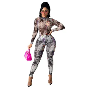 uygun giyim online Suppliers-Toptan kadın giyim sonbahar kızlar bayan uzun kollu pantolon seti geometrik baskı sıska sıkı tulum 2 parça pantolon seti