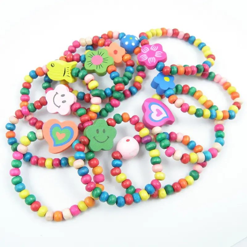 12pcs/lot Natural Wood Kids Elastic Wooden Beads Bracelets For Children Girl Birthday Party as Jewelry Gift