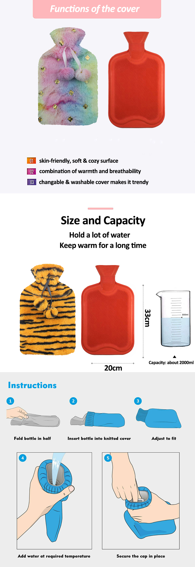 2022  hot sale set british standard rubber hot-water bag and long hot water bottle plush cover 2l