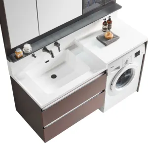Mesin cuci ramah lingkungan baskom ruang cucian kabinet Modern bak cucian kustom Panel kayu dengan kabinet