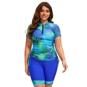 Traje de baño conservador de manga corta de talla grande Traje de baño Capri de una pieza con estampado floral europeo y americano con cordón - Product Image 1