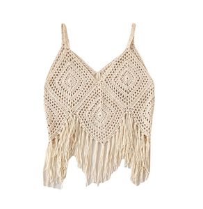 2024 bohème <span class=keywords><strong>Crochet</strong></span> creux tricoté gland bretelles ample col en v court sans manches Style ethnique Sexy femmes <span class=keywords><strong>gilet</strong></span> - Product Image 1