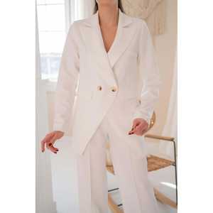 Ecofashion Women's Off <b>White</b> Satin <b>Suit</b> Set 100% Polyester Trousers And Jacket Formal Wear For Office Or <b>Wedding</b> Events - Product Image 1