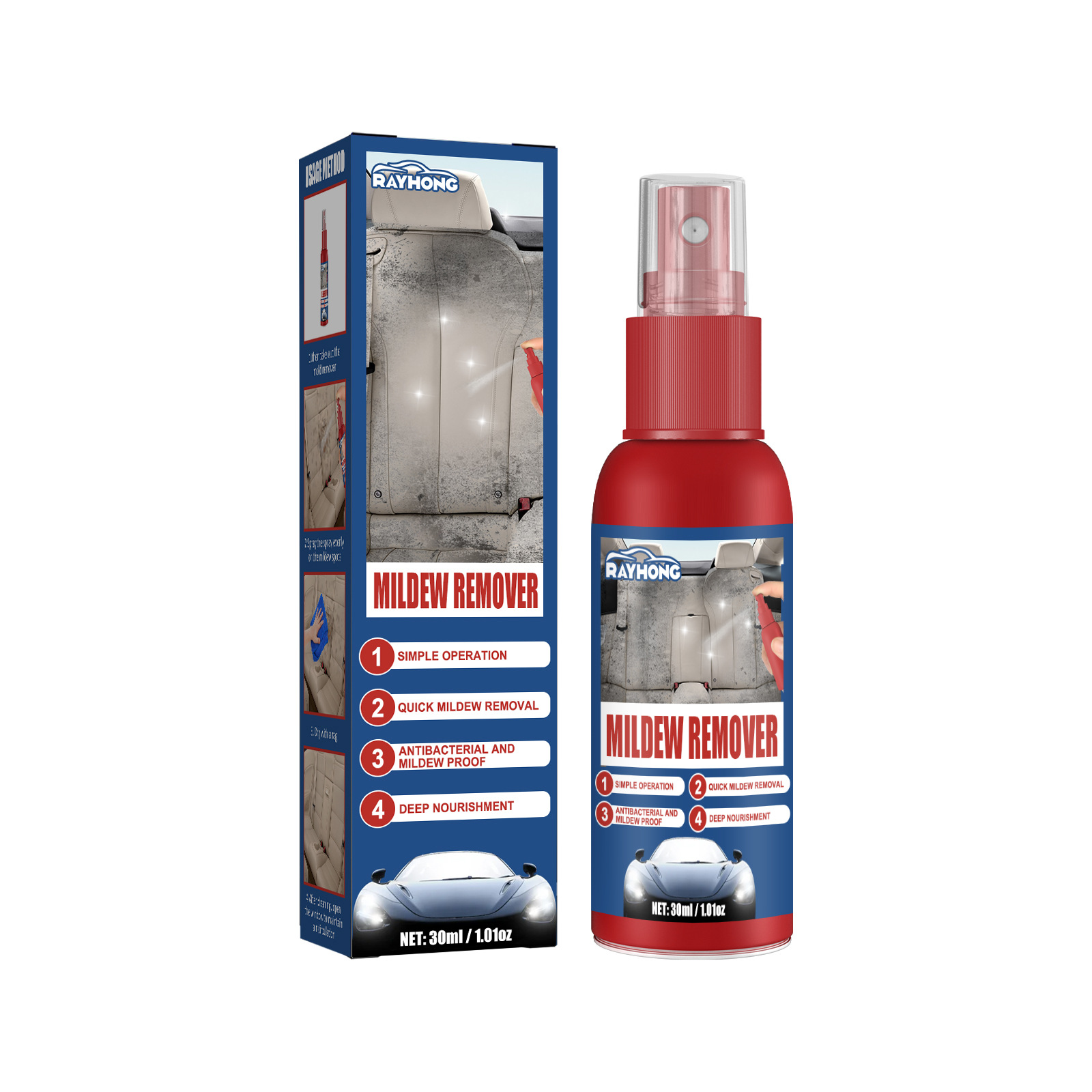 Removedor de mofo para carro, agente antifúngico de limpeza e manutenção de assentos e pés, spray anti-mofo para teto, 30ml