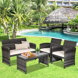 4 टुकड़े-पोर्च फर्नीचर सेट, आउटडोर पे रतन चेयर विवर मोटी कुशन और ग्लास टॉप कॉफी टेबल के साथ - Product Image 2