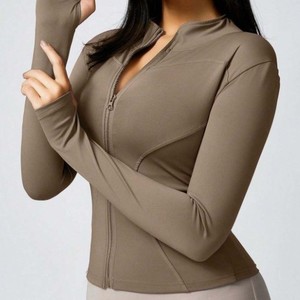 Chaqueta de Yoga Tiyo de Manga Larga con Cuello en V, Ajustada, de Secado Rápido, Spandex/Nylon, Elástica, Color Azul Oscuro, para Fitness, Running y Yoga - Product Image 2