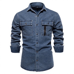 Chemise en jean pour hommes, manches longues, décontractée, col rabattu, couleur unie, vêtements de travail - Product Image 3