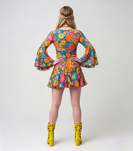 Abito Mini Floreale Anni '70 per <span class=keywords><strong>Donna</strong></span> con Maniche a Campana, <span class=keywords><strong>Costume</strong></span> Retrò con Simbolo della Pace per Festa di Halloween - Product Image 3