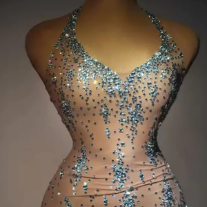 Gaun malam wanita seksi Bodycon, gaun makan malam Formal belahan tinggi, berlian imitasi ukuran XS transparan untuk klub malam, gaun pesta <span class=keywords><strong>Prom</strong></span> - Product Image 4