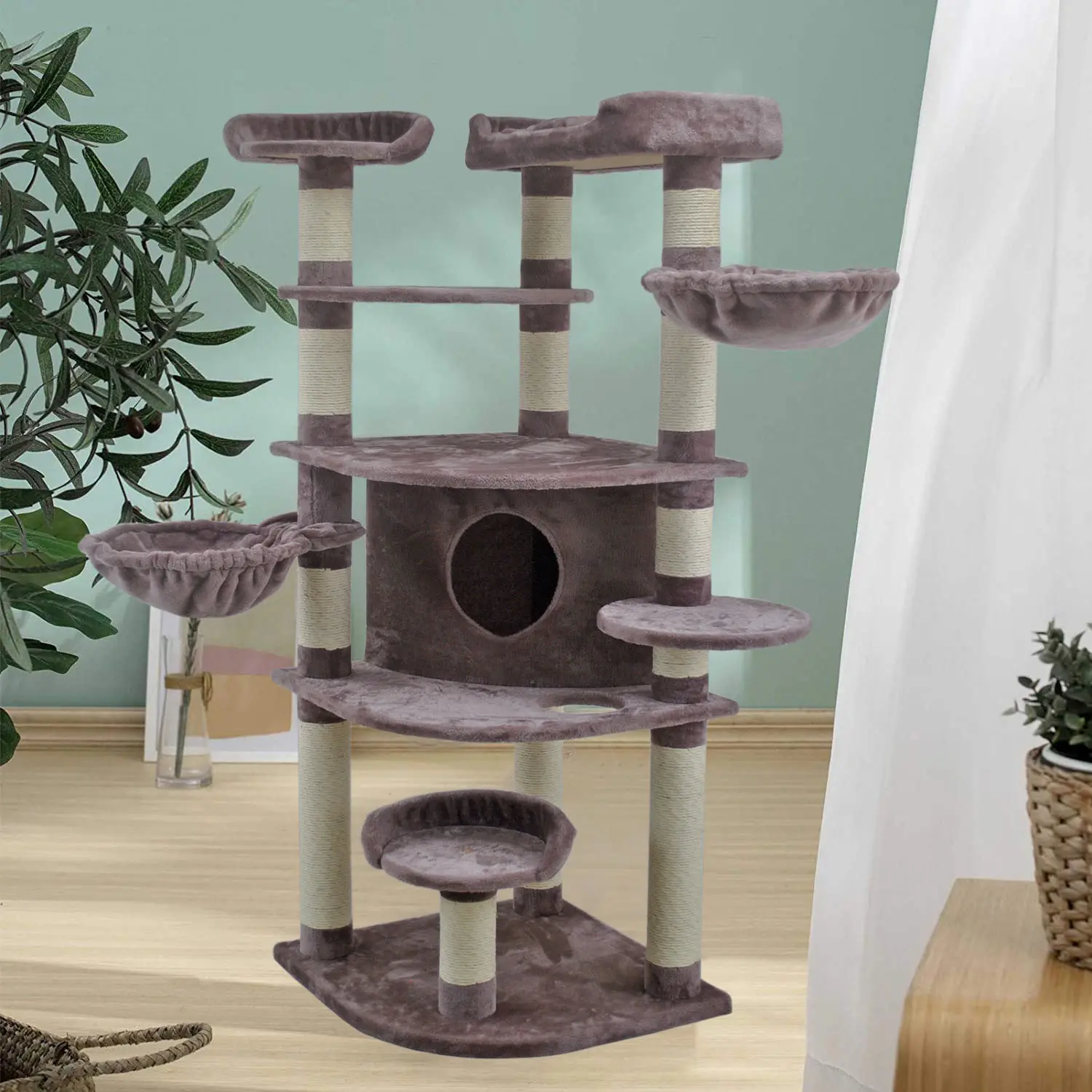 고양이 긁는 공 포스트 벽 긁는 나무 68 인치 및 타워 황마 로프 등반 나무 및 대형 로우 팜 3 부분 모뎀 attree