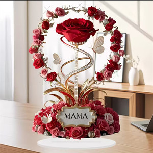 Ornement en plastique acrylique écologique Rose rouge Cadeau pour maman Motif Gravure personnalisée Élégant Bureau Décorations pour la fête des mères - Product Image 3