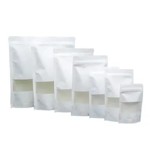 Échantillon gratuit sacs en papier kraft recyclables Doypack avec fermeture éclair sachets de thé personnalisés pochette blanche Ziplock avec fenêtre
