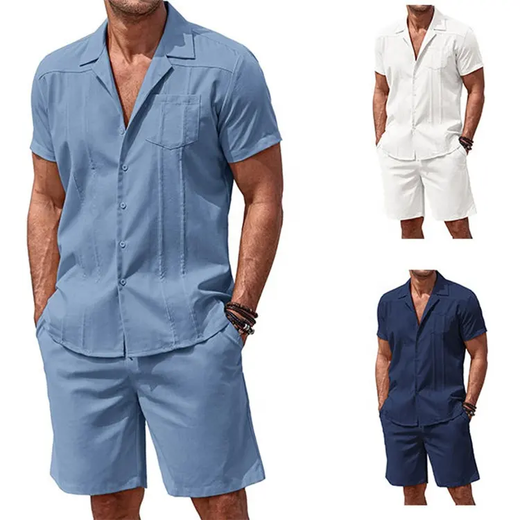 2024 उच्च गुणवत्ता वाले कस्टम लोगो पुरुषों की लिनन शर्ट सेट पुरुषों की ग्रीष्मकालीन लिनन सेट ढीला आरामदायक पुरुषों की लिनन छोटी बाजू वाली शर्ट सेट