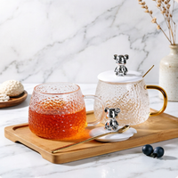 Tasse en verre martelé mignonne de 400 ml avec couvercle et poignée en forme d'ours argenté, écologique, résistante à l'ébullition, design classique pour café/thé, usage quotidien
