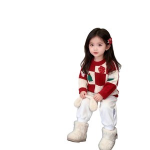 Girls Christmas Sweater Red White Checkered Thick Cotton Round Neck Winter Top - Product Image 5